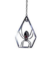 Load image into Gallery viewer, Black Widow Spider Pendant in Recycled 14K White Gold – Diamond & Hidden Ruby Detail