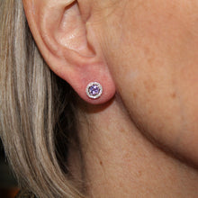 Load image into Gallery viewer, Pinkish Purple Sapphire Halo Studs