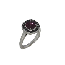 Load image into Gallery viewer, Rhodolite Garnet and Black Diamond Halo Ring