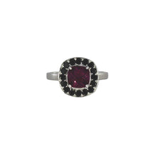 Load image into Gallery viewer, Rhodolite Garnet and Black Diamond Halo Ring