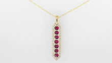 Load image into Gallery viewer, Vertical Ruby &amp; Diamond Halo Pendant in 14K Yellow Gold on 18&quot; Chain
