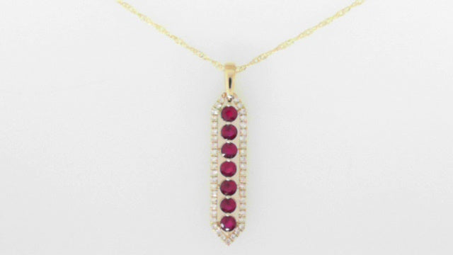 Vertical Ruby & Diamond Halo Pendant in 14K Yellow Gold on 18
