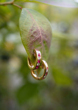 Load image into Gallery viewer, Romance in Gold: Ruby &amp; Diamond Petite Hoop Earrings in 18K
