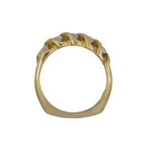 Gold ring with diamond accents on a white background