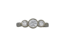 Load image into Gallery viewer, White gold  ring with three diamonds on a white background
