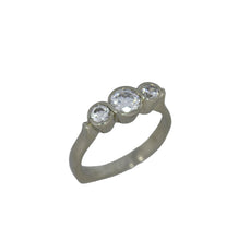Load image into Gallery viewer, white gold ring with three round diamonds on a white background
