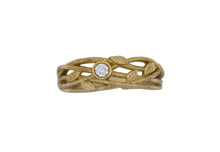 Load image into Gallery viewer, Gold ring with leaf design and diamond on a white background
