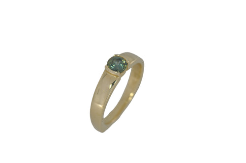 Gold ring with a green gemstone on a white background