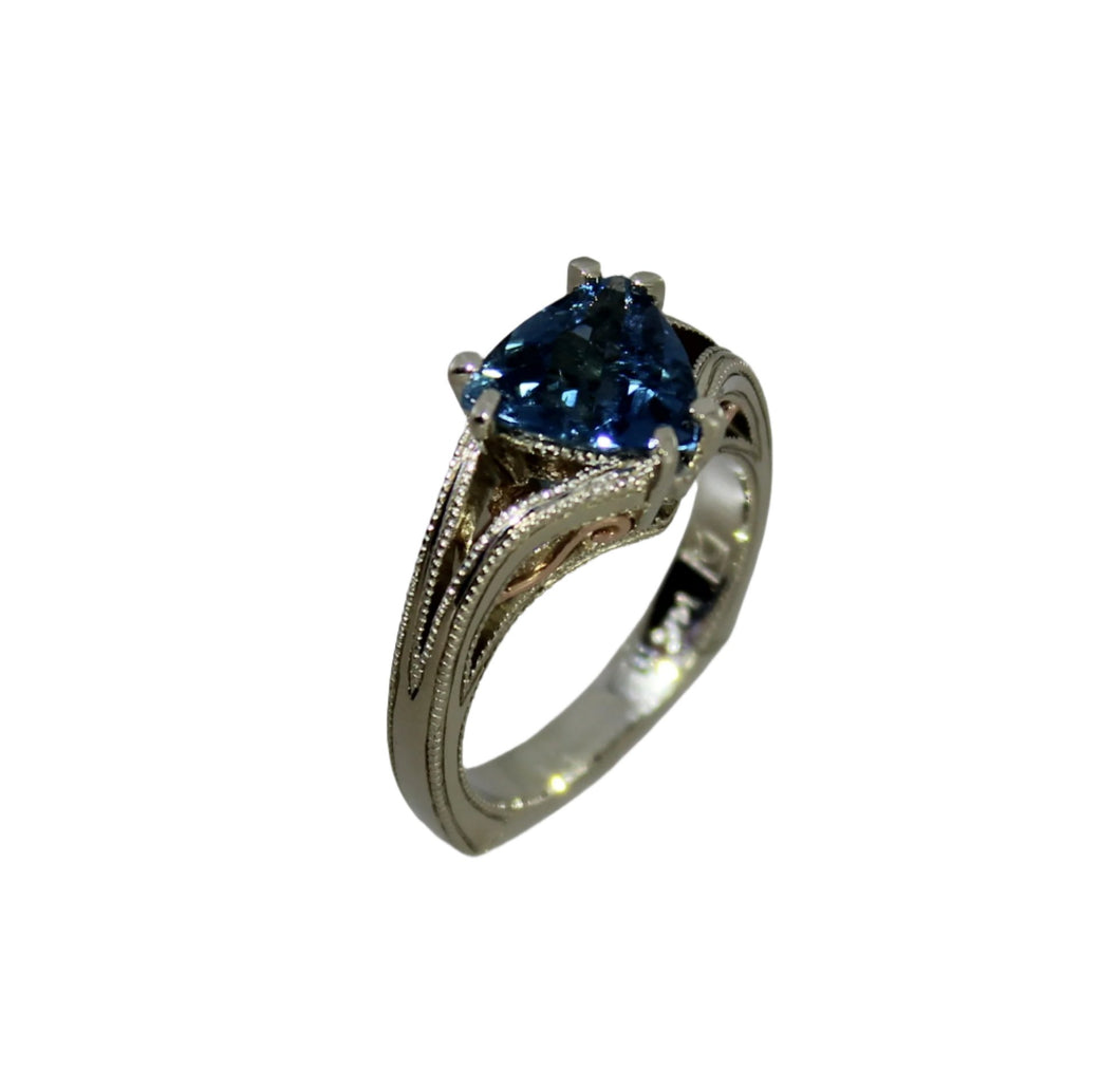 Olufson Designs Modified Alex Ring with stunning Trillion-shaped 2.0 carat blue tourmaline